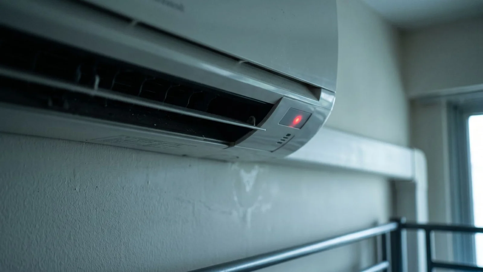 Aircon indoor unit with blinking LED light close-up, slightly dim room