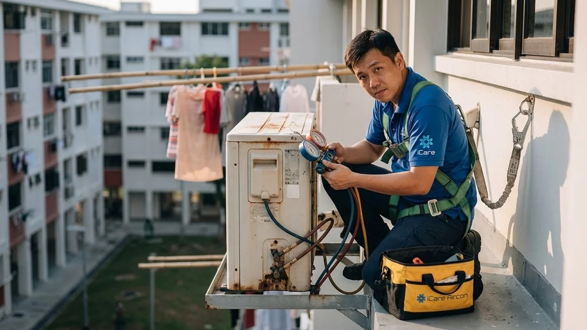 Aircon outdoor compressor on HDB ledge with technician on safety harness, candid