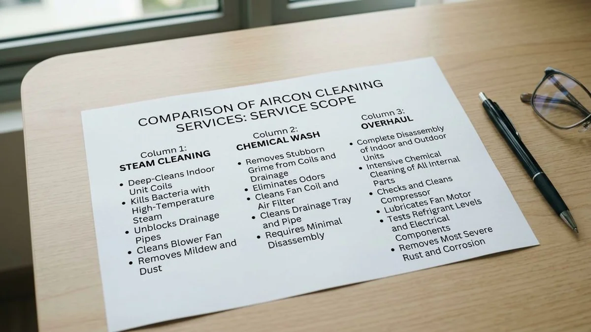 When to choose aircon steam cleaning vs chemical wash vs overhaul — scope comparison from iCare Singapore
