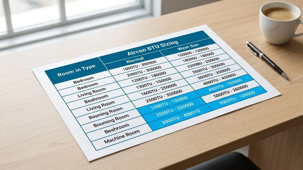 BTU sizing chart visual mapped to room sizes, brand colours