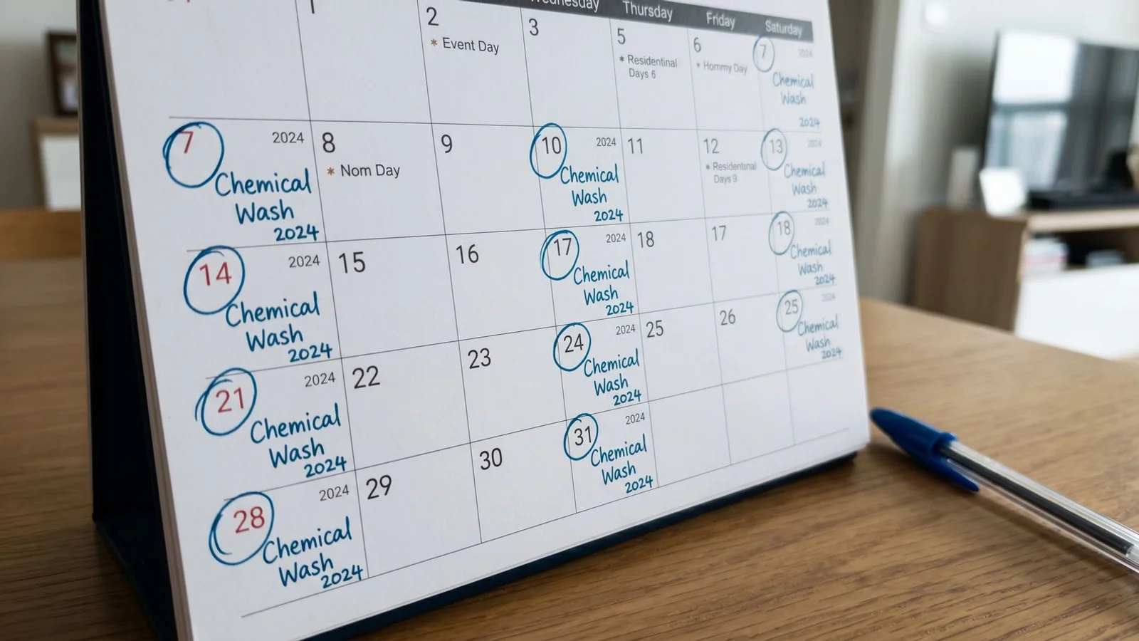 Calendar visual with chemical wash booked yearly, brand-aligned