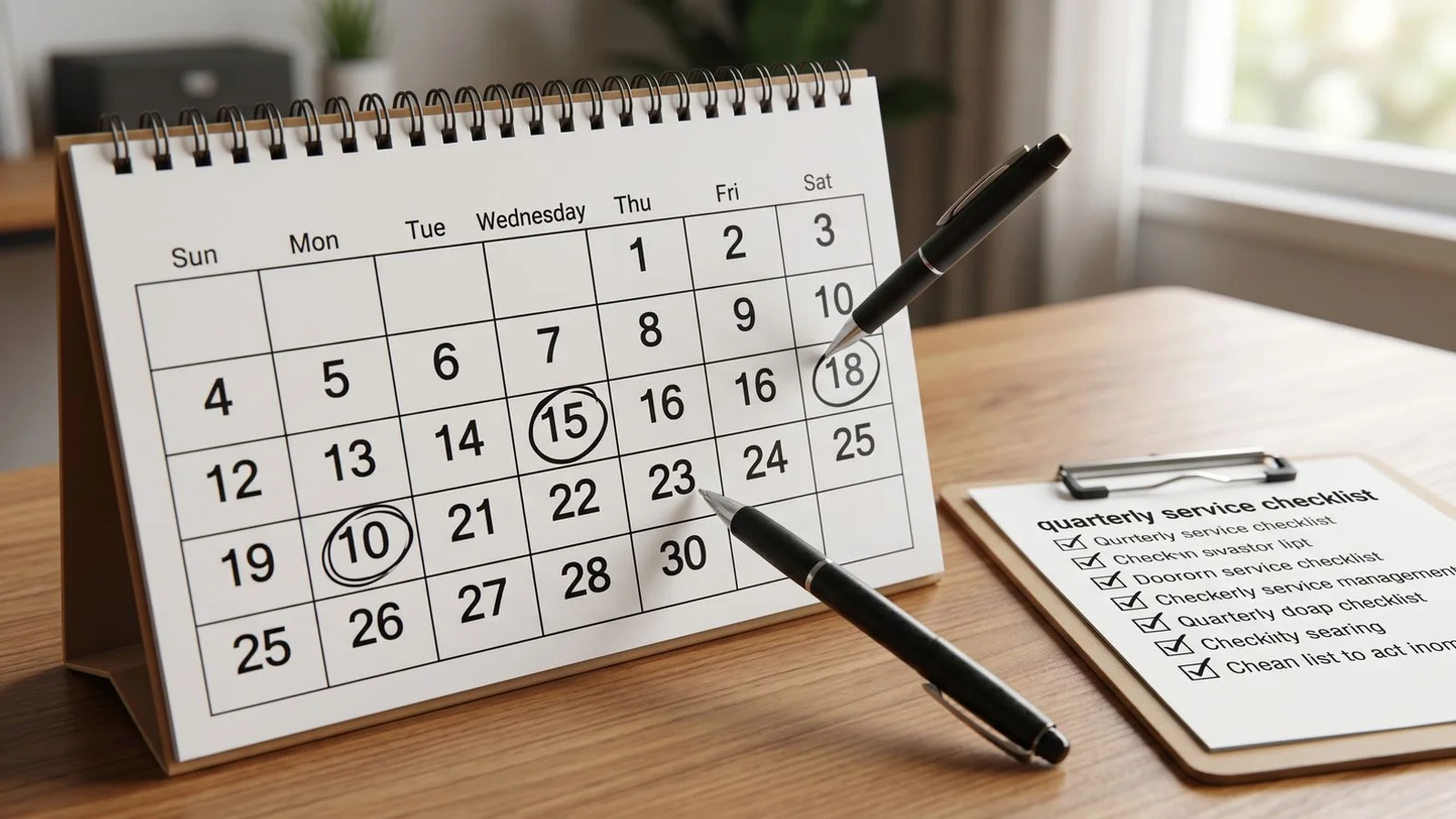Calendar with 4 quarterly check marks, clipboard nearby, branded