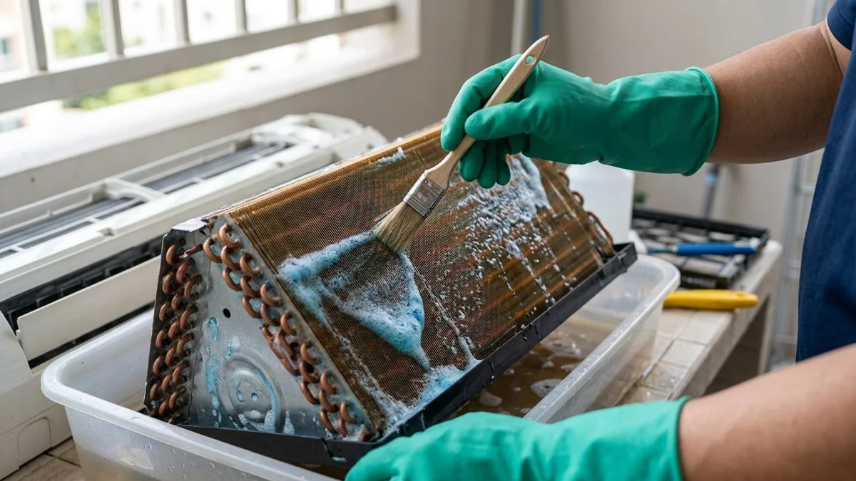 Close-up technician brushing coil during chemical soak, natural light
