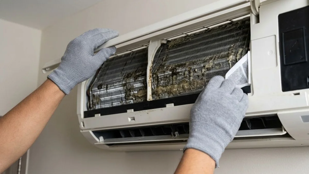 Coil close-up showing buildup beyond filter reach, technician inspecting