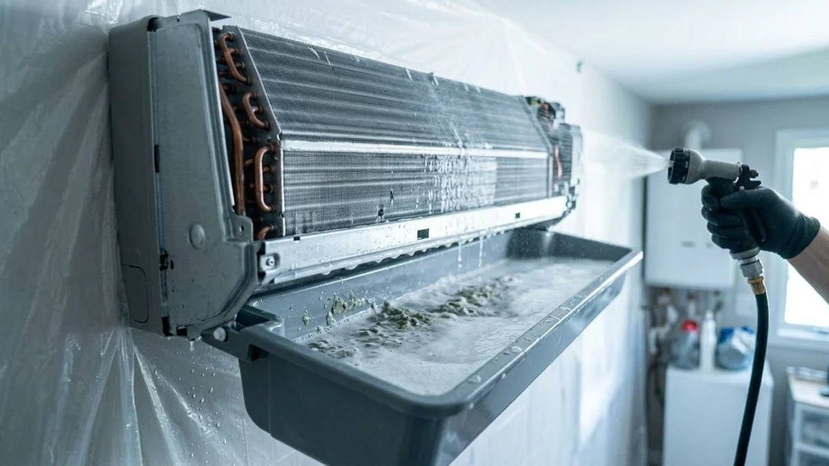 Coil soaking in chemical tray with technician brushing, real environment