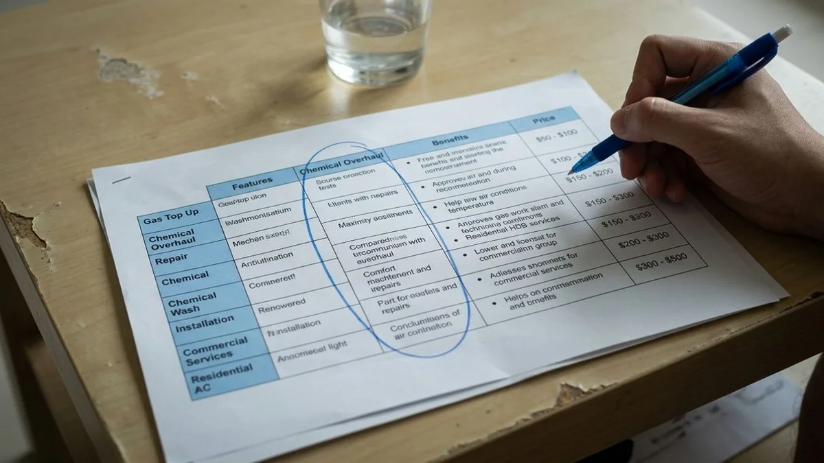Comparison table mockup: servicing vs chemical wash vs overhaul, brand colours
