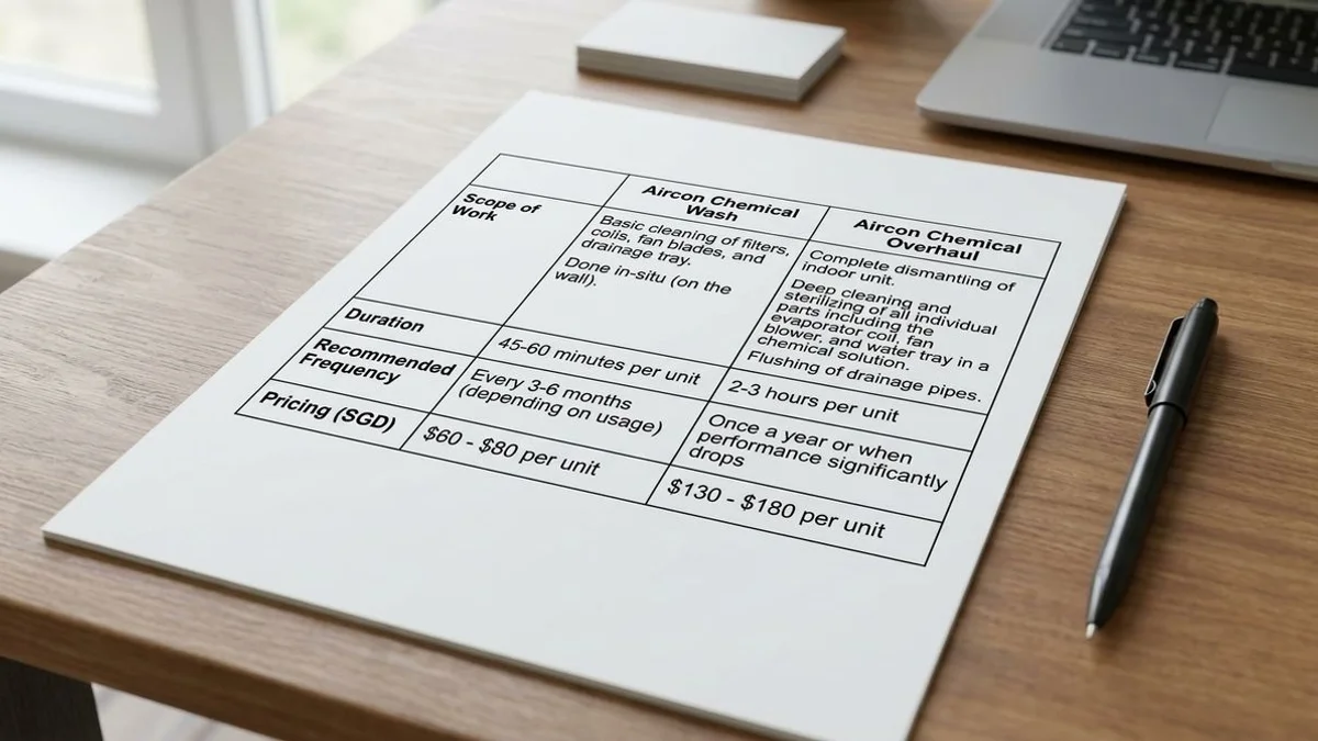 Comparison table mockup: wash vs overhaul scope, time, price
