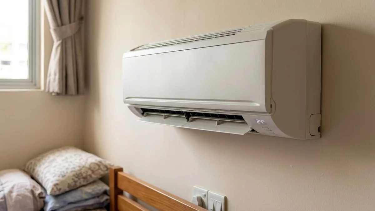 Daikin indoor unit close-up in HDB room, real environment