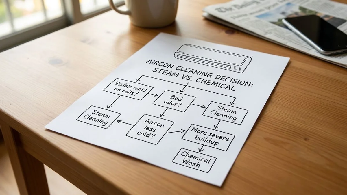 Decision matrix visual: steam vs chemical wash triggers