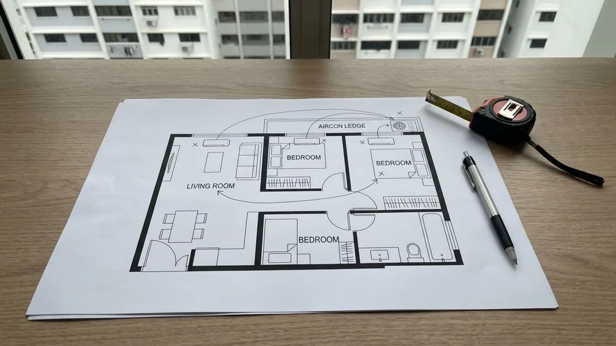 Floor-plan diagram: HDB layout with system topology overlay