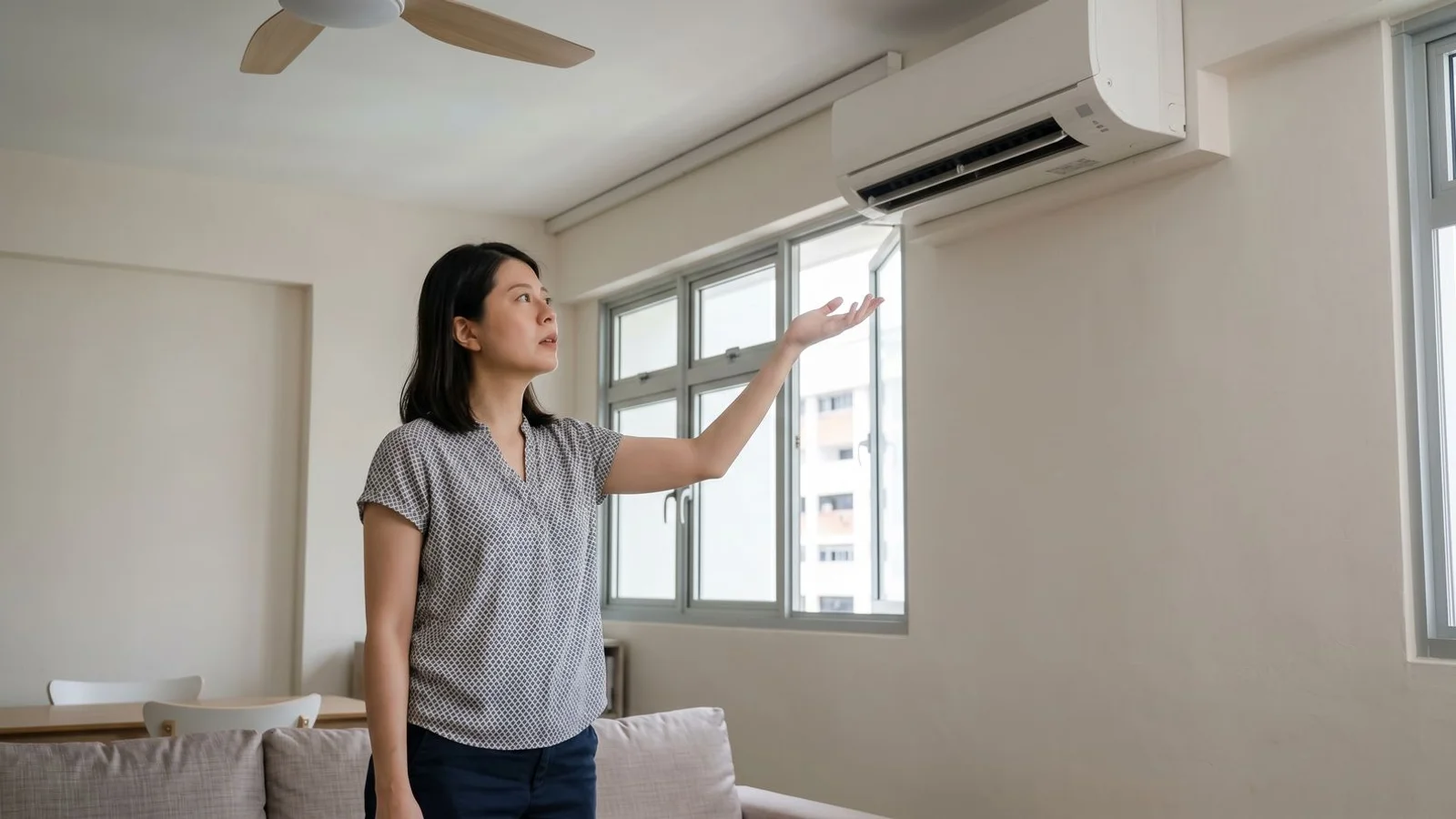 Frustrated homeowner standing under aircon vent with hand testing airflow, candid