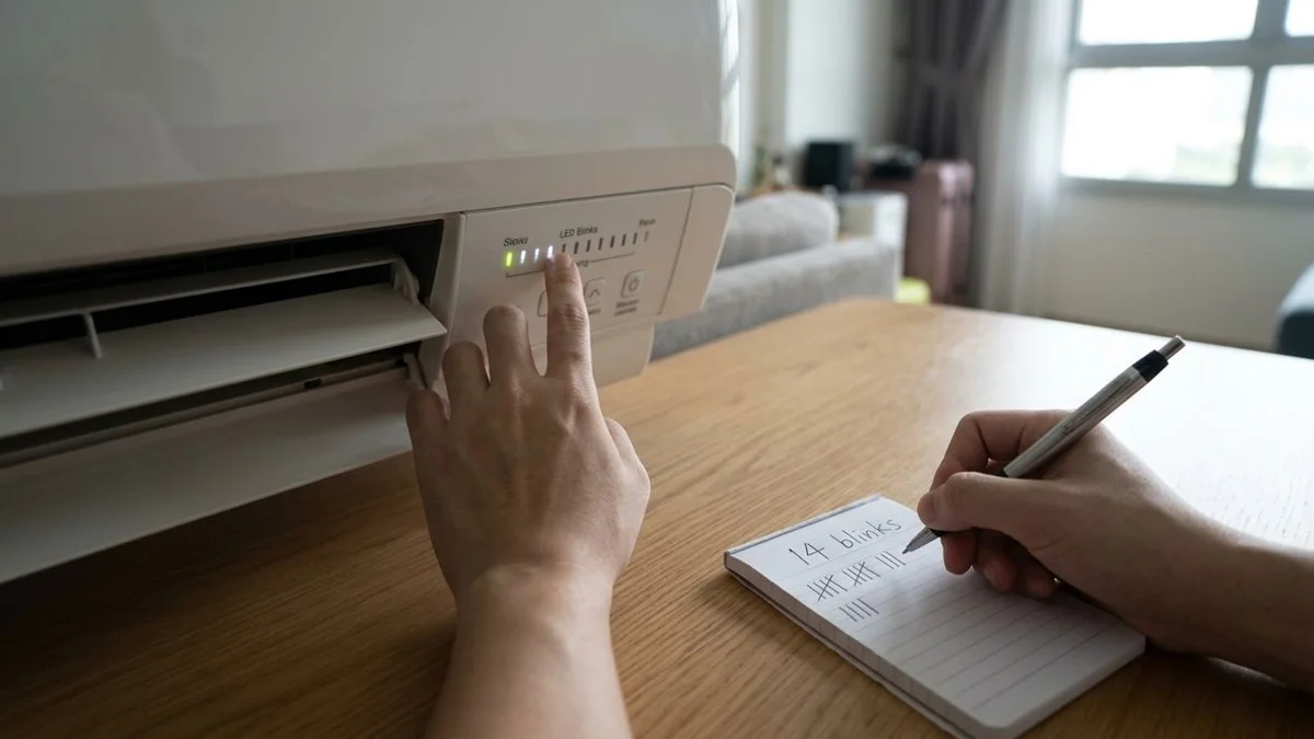 Hand counting blinks on aircon panel with notepad, candid