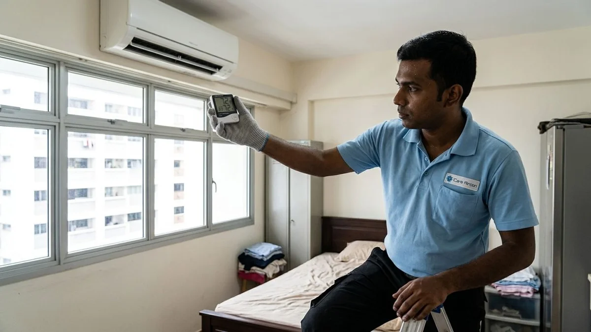 Hand holding humidity meter near aircon vent, candid technician