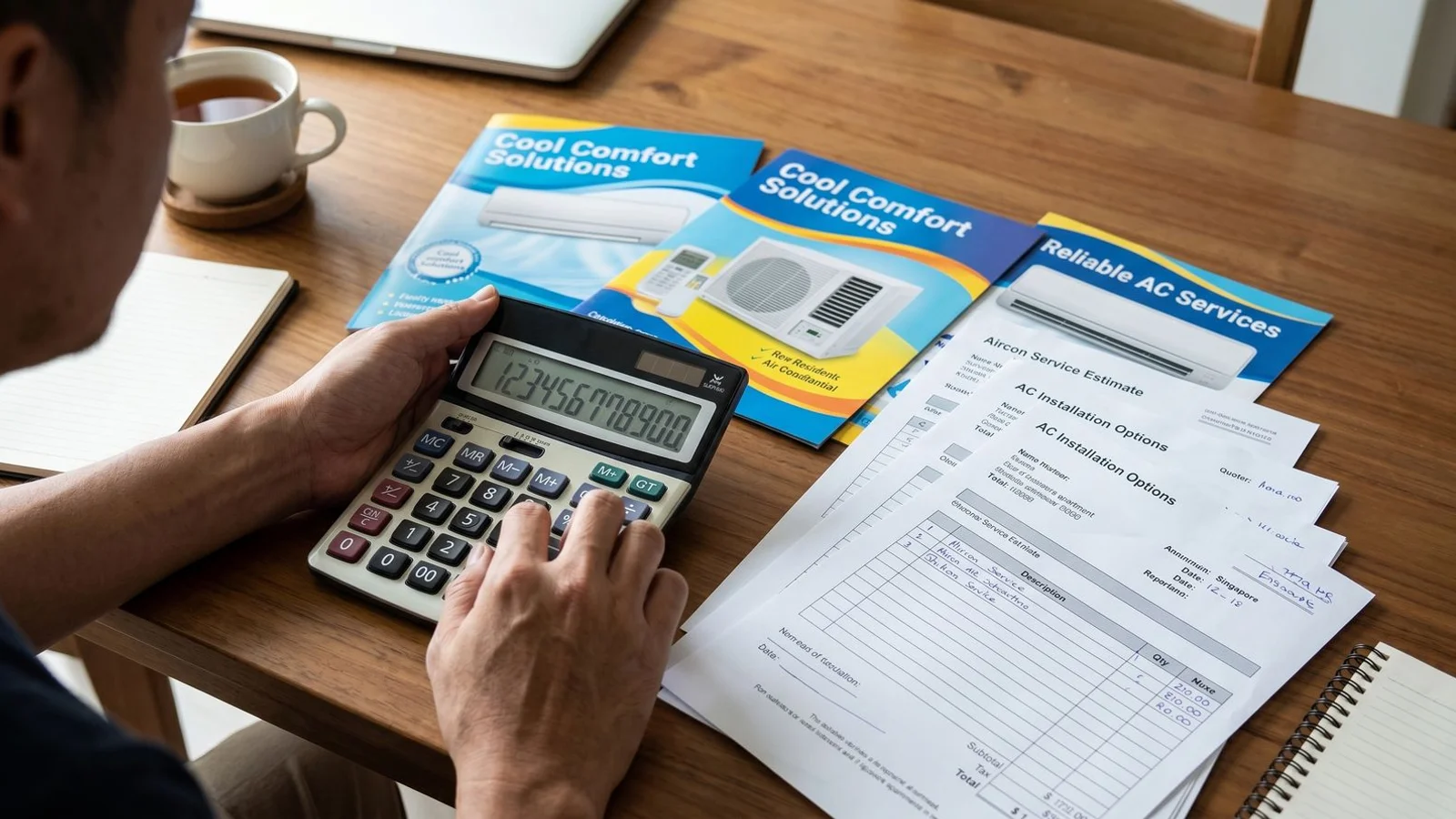 Hand on calculator beside aircon brochures and quote sheets, candid