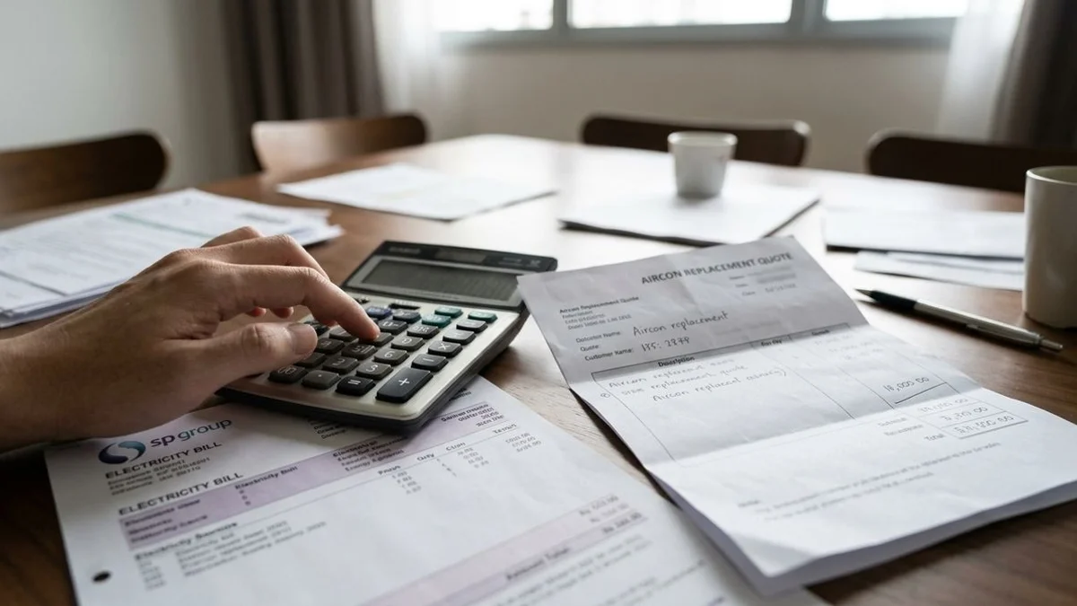 Hand on calculator with electricity bill and replacement quote on table