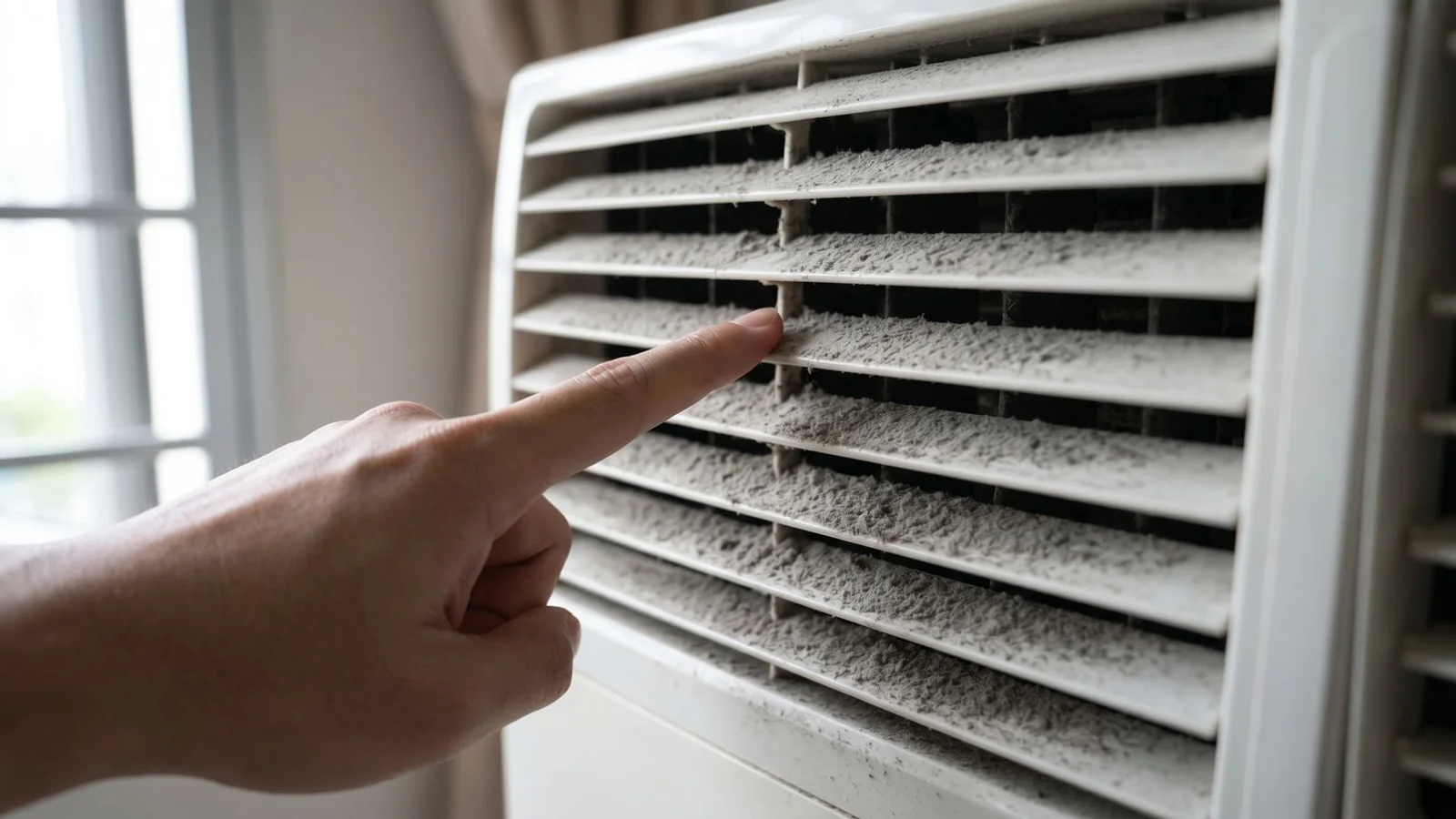 Hand pointing at dusty aircon vent in HDB room, natural daylight, candid