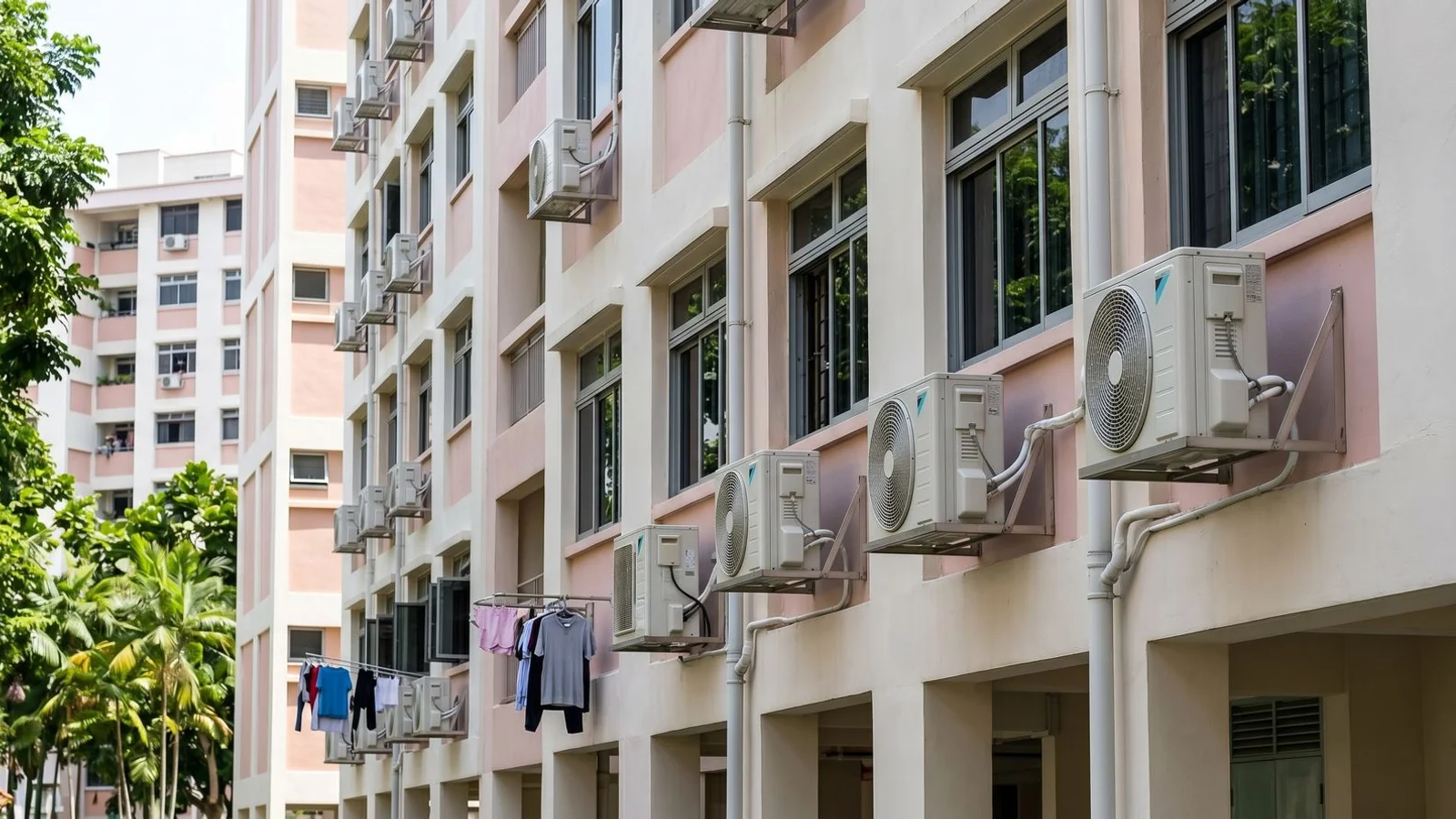 HDB block facade with neat aligned compressor brackets on every floor, daylight