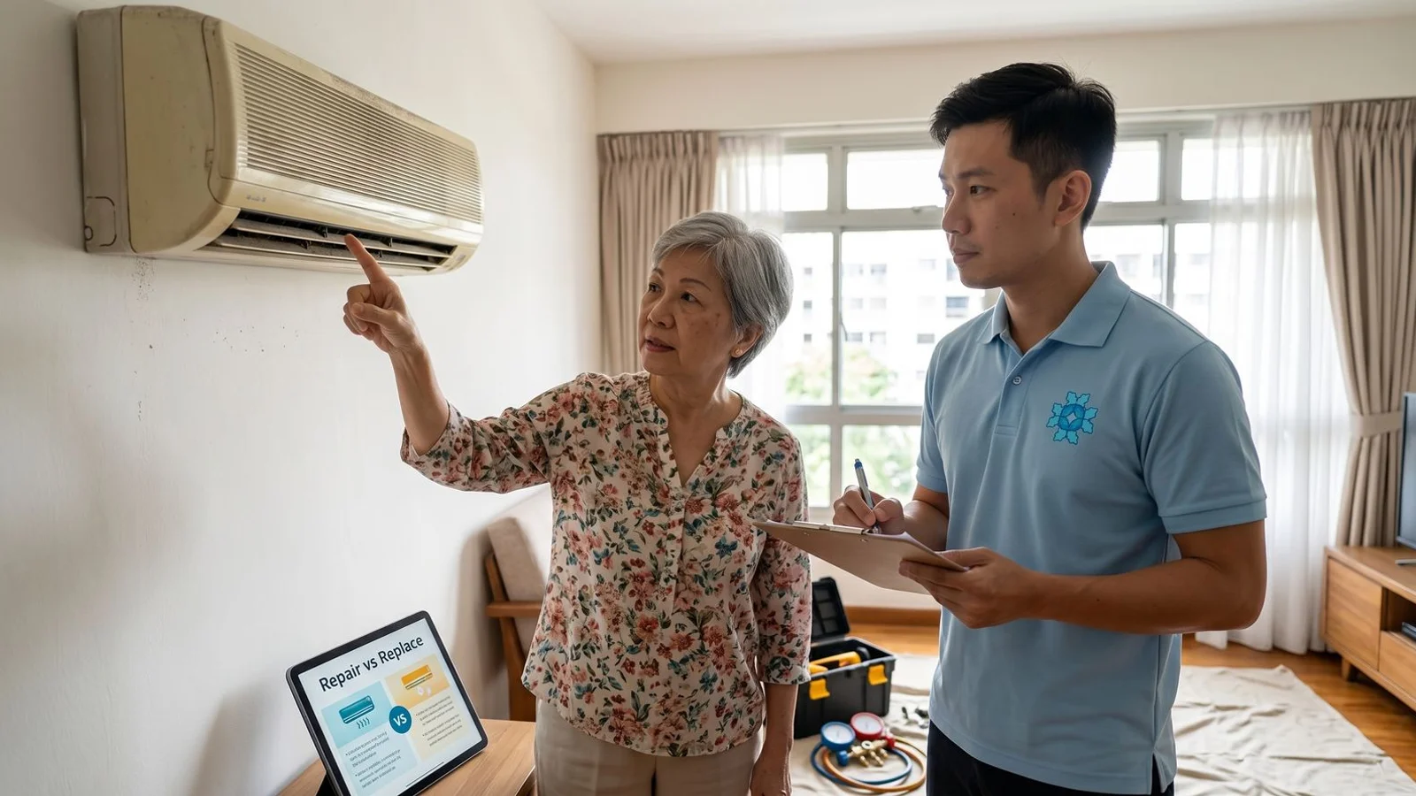 Homeowner pointing at old wall-mounted aircon with technician beside, comparing notes, candid