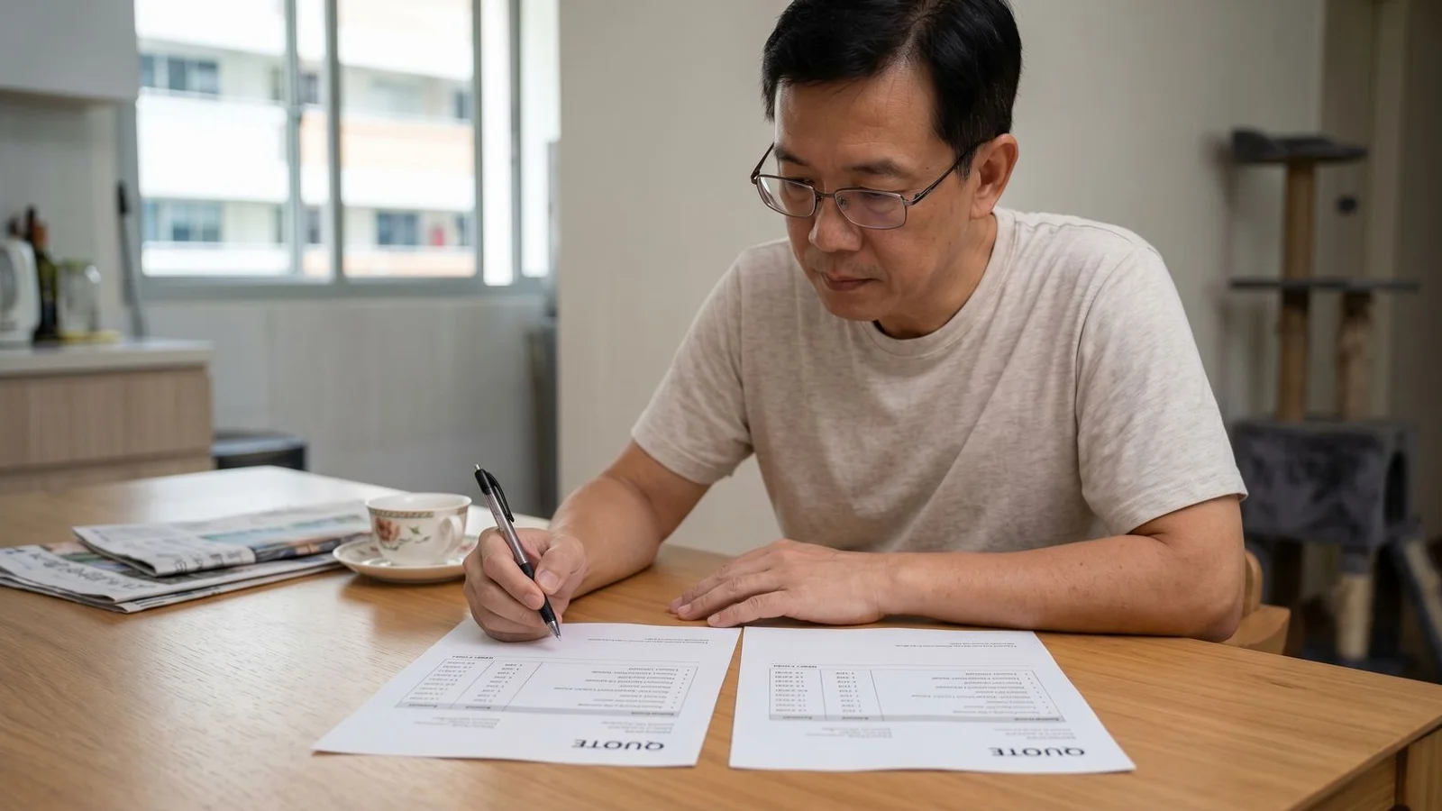 Homeowner reviewing two aircon quotes on dining table, natural daylight, candid
