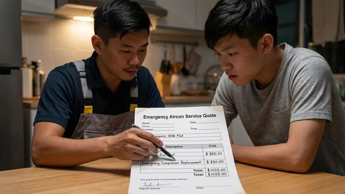 iCare 24/7 emergency aircon repair pricing breakdown for Singapore HDB, condo, and landed homes