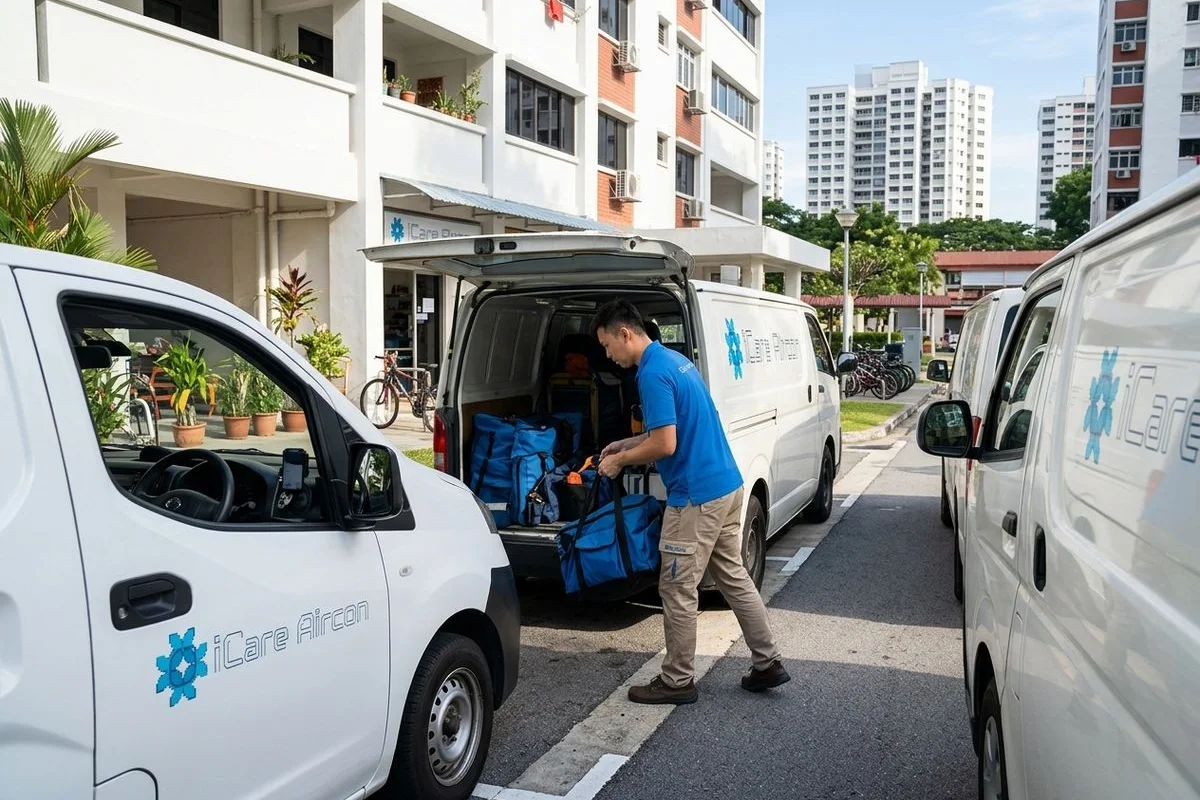 iCare Aircon Jurong West workshop with service vans stocked for Singapore-wide dispatch
