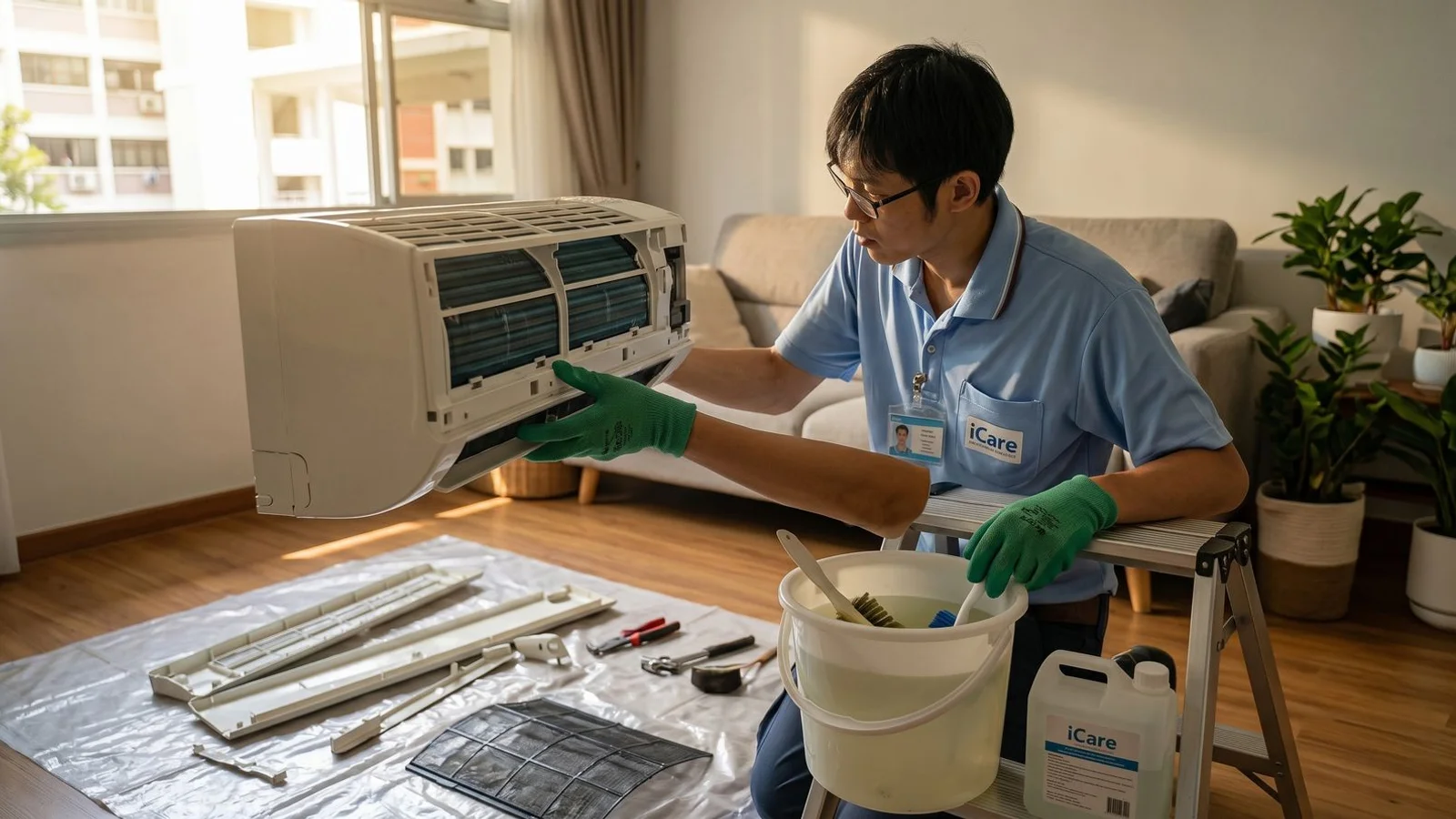 iCare chemical overhaul: full dismantle of aircon indoor unit soaking in chemical tray, Singapore workshop