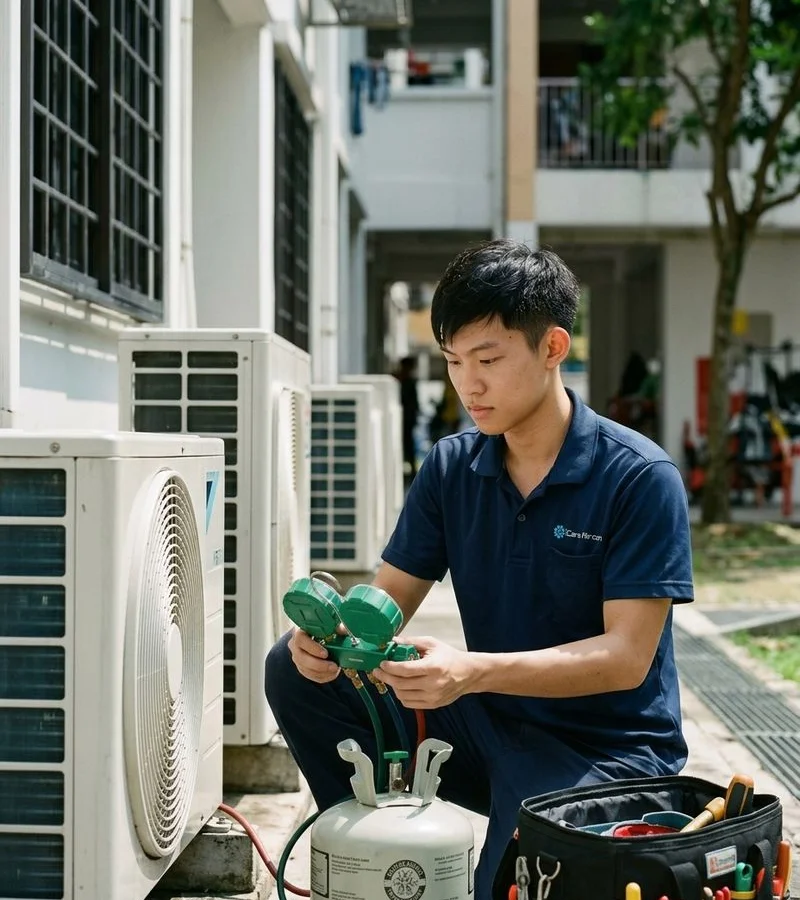 iCare lead technician confidently working on an aircon wall unit in a Singapore HDB