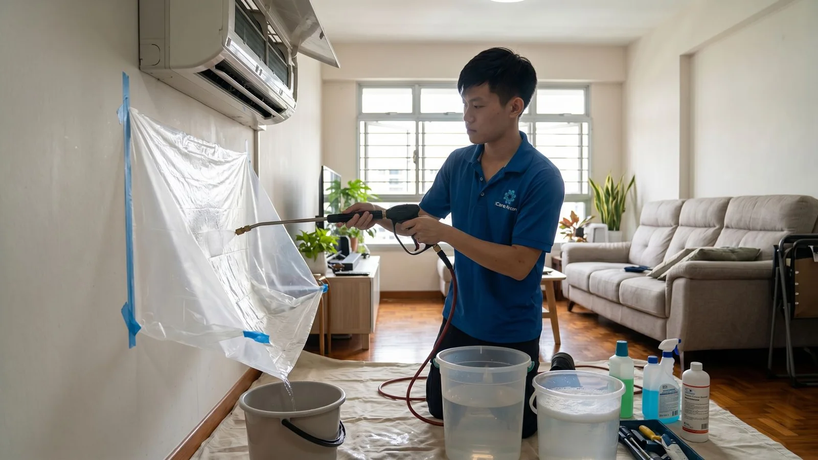 iCare technician performing aircon chemical wash on a wall-mounted unit in a Singapore HDB living room