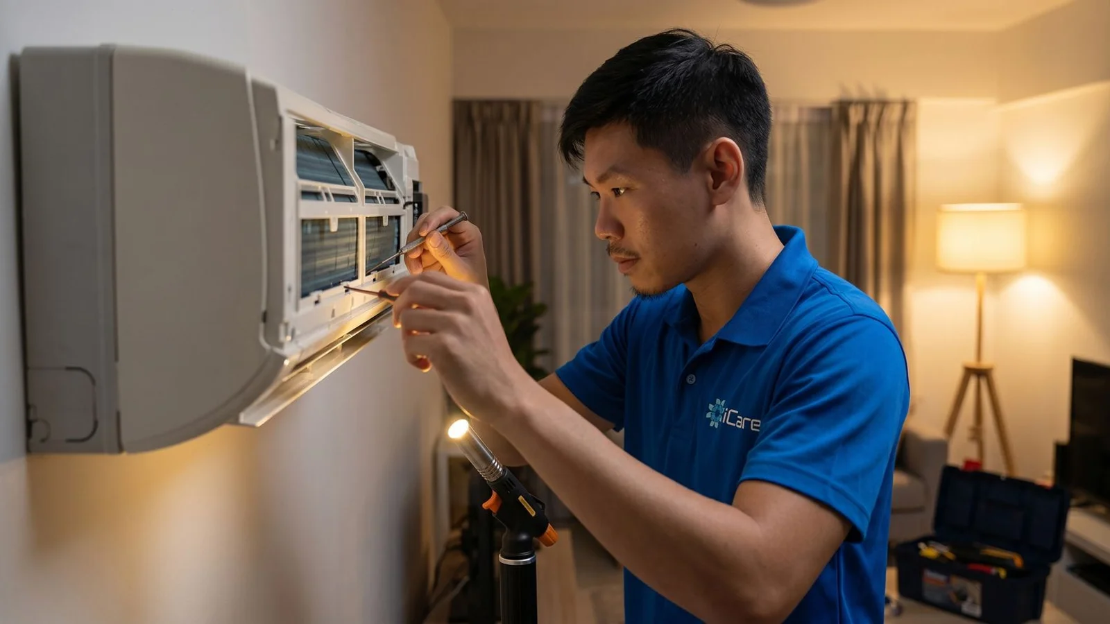 iCare technician performing emergency aircon repair on a wall-mounted unit during a Singapore late-evening call-out