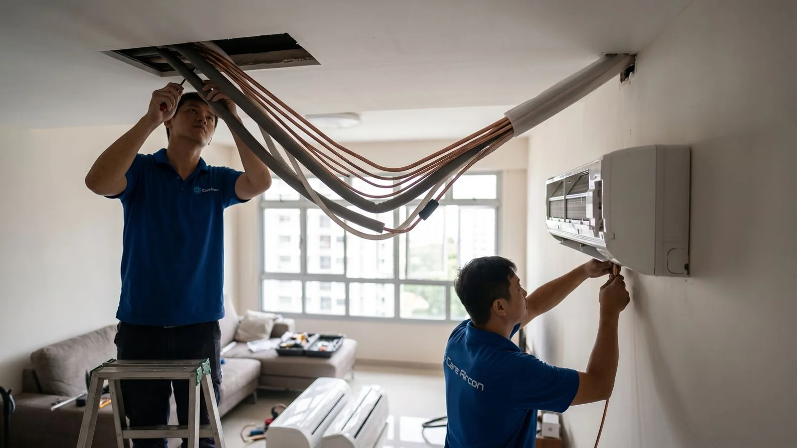iCare technicians installing a new Daikin System 3 aircon in a Singapore HDB living room with copper piping