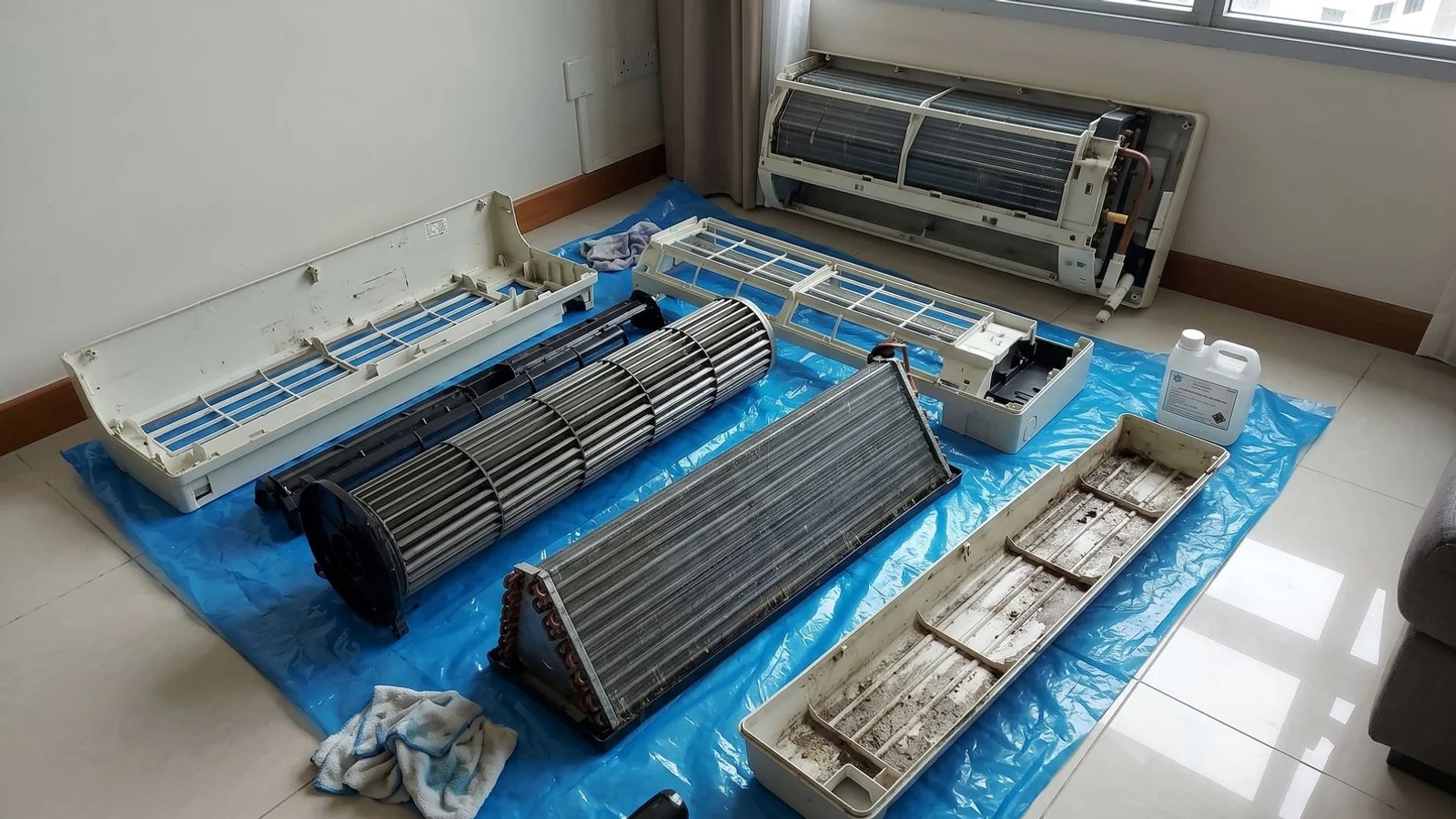 Indoor aircon unit fully dismantled on protective sheet, parts laid out, candid