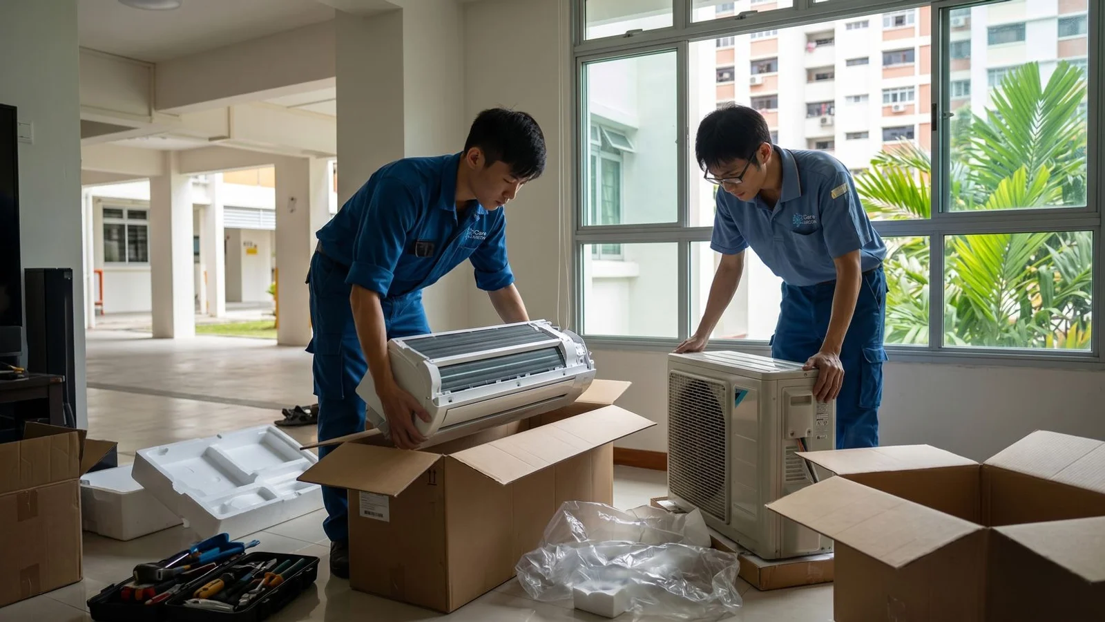 Installation crew unpacking new aircon kit in HDB living room, daylight, candid