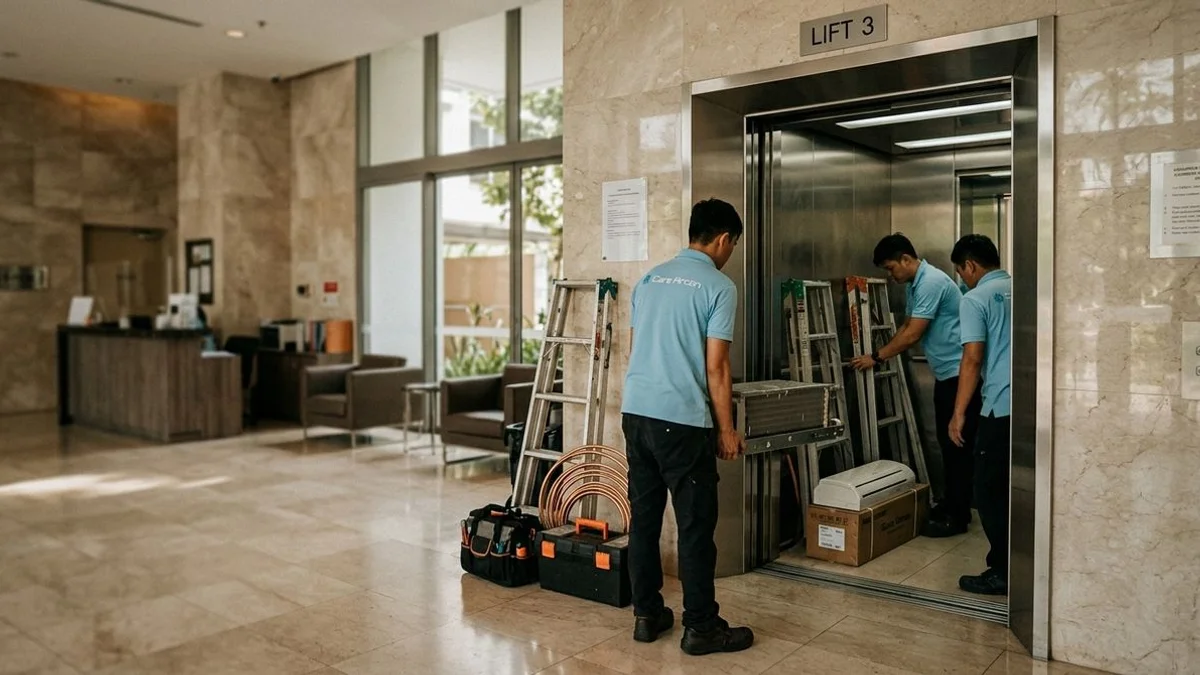 Lift with installation crew loading equipment, condo lobby, candid