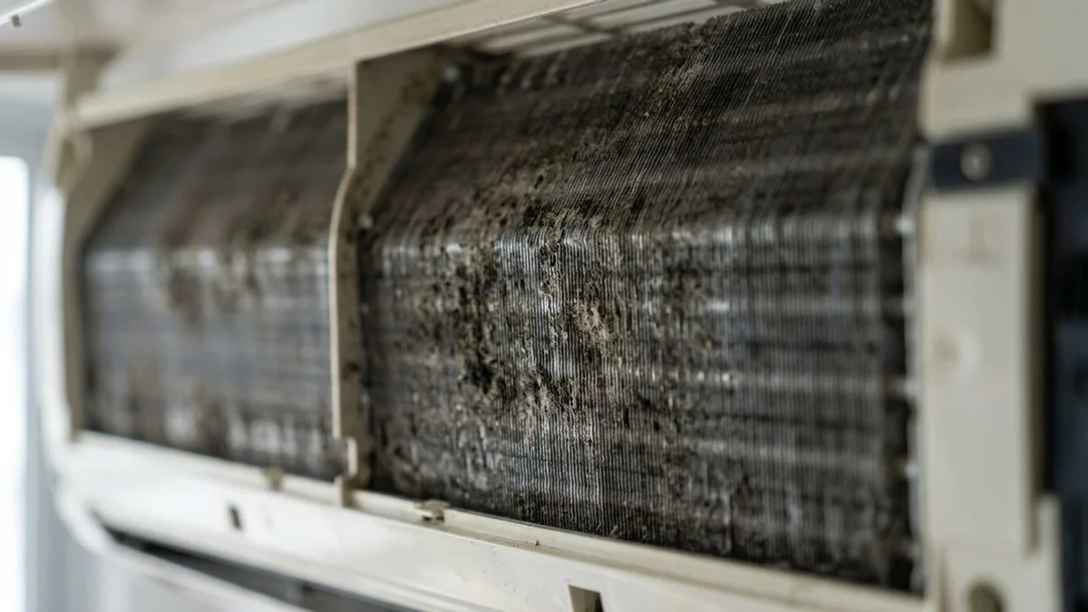 Mould visible on aircon evaporator coil close-up, natural light