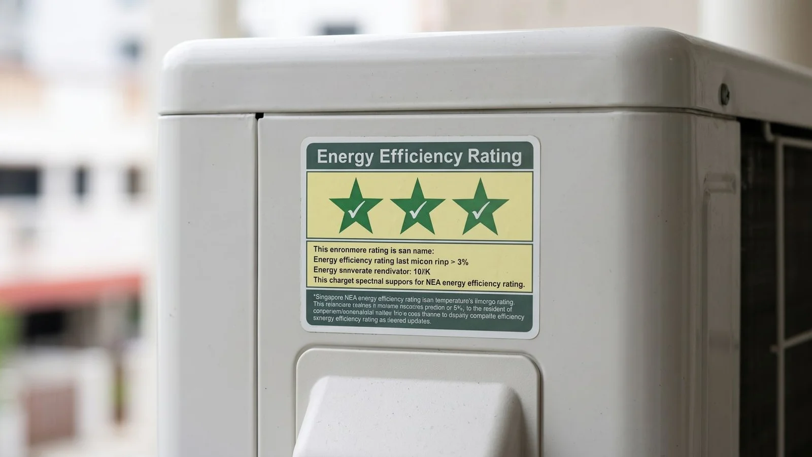 NEA energy label sticker close-up on aircon unit, brand-aligned