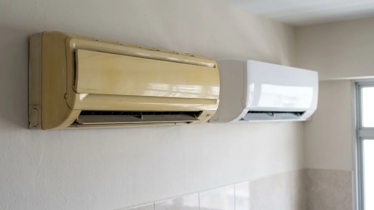 Old vs new aircon side-by-side, both running, daylight