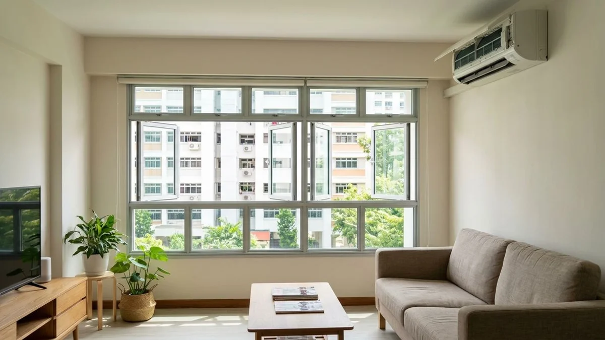 Open window for ventilation post-wash with aircon visible, candid