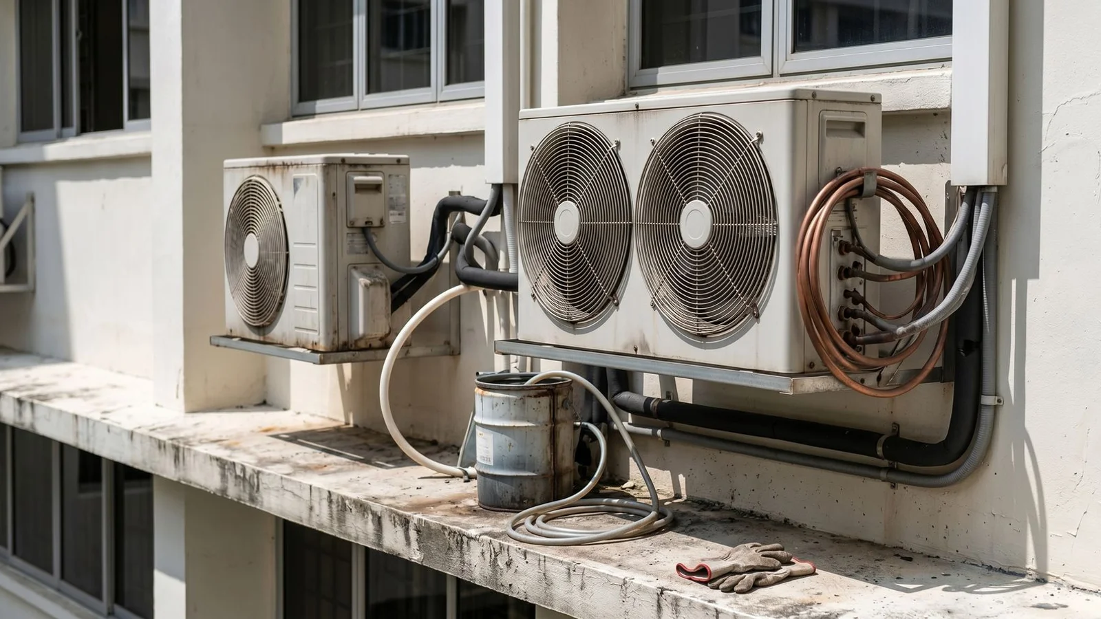 Outdoor compressor bay: single unit vs multi-fan unit side-by-side, daylight