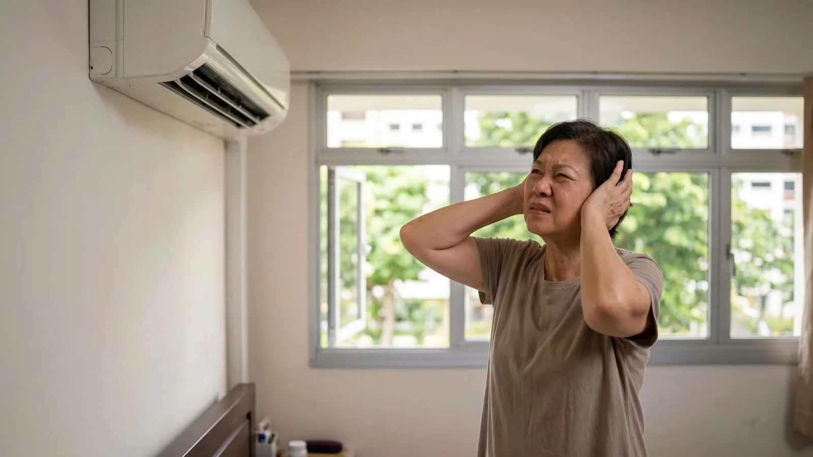 Person covering ears next to noisy aircon, expression of frustration, candid