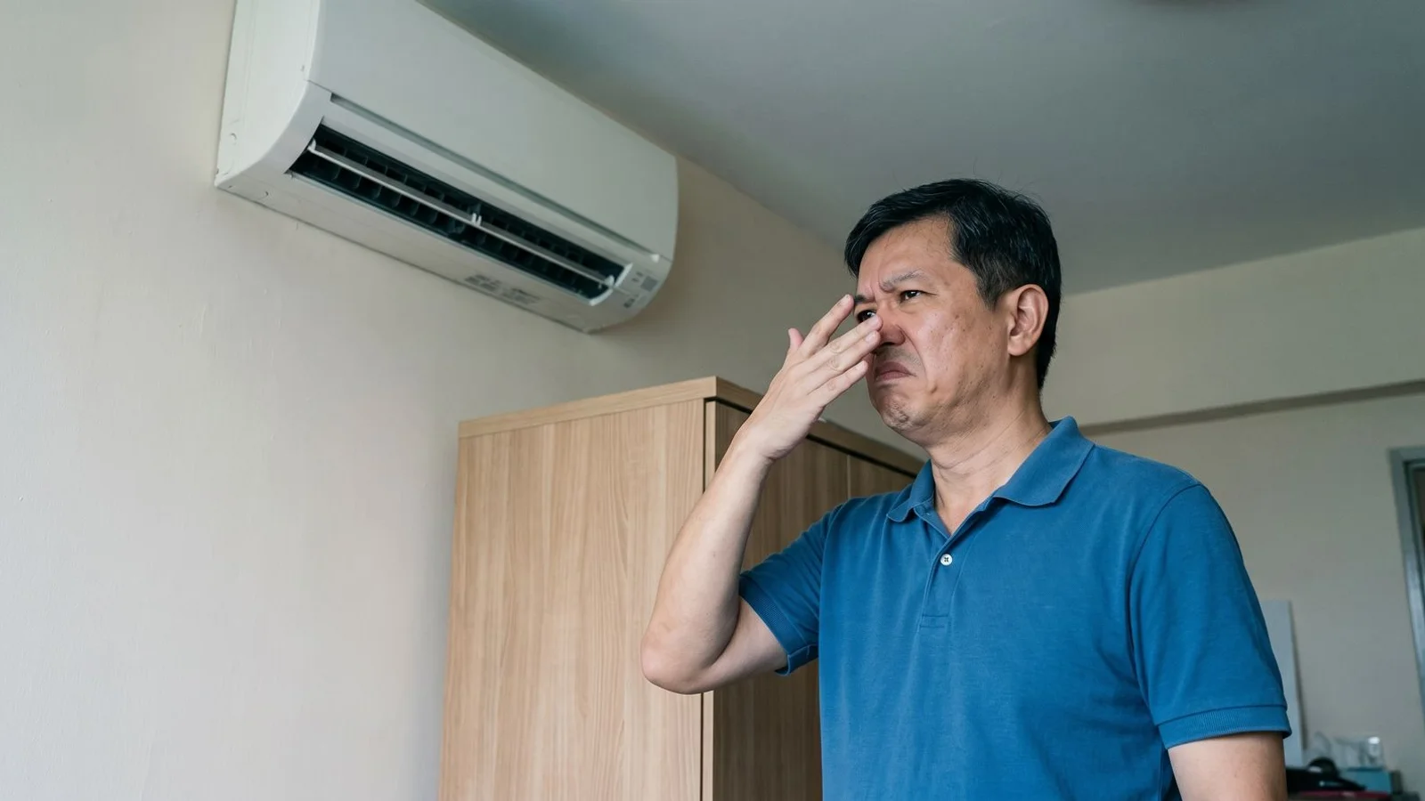 Person frowning while smelling air from aircon vent in HDB room, candid