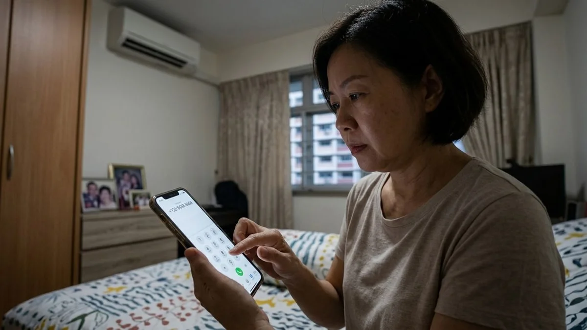 Phone displaying iCare emergency call screen, dim room