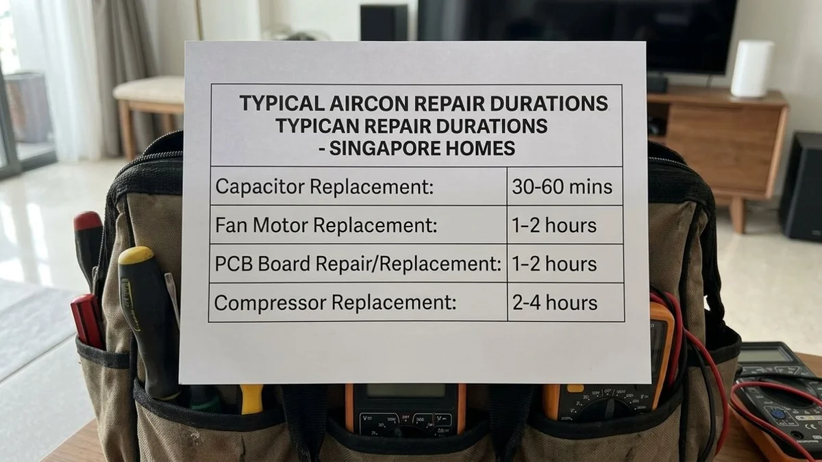 Repair-time chart: capacitor / motor / PCB / compressor durations