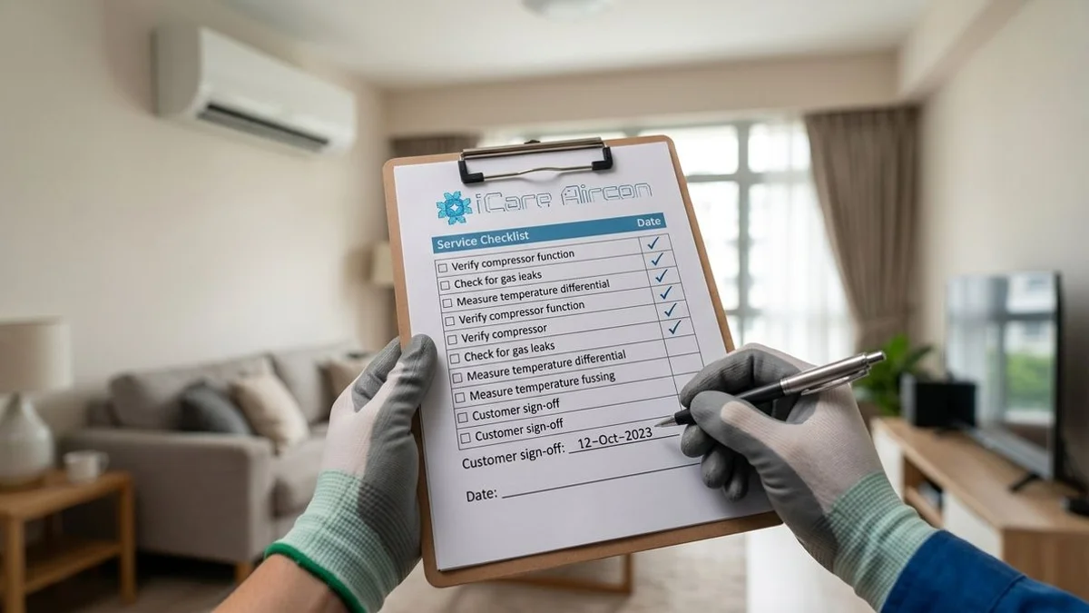 Service-checklist clipboard with iCare branding, hand checking off items