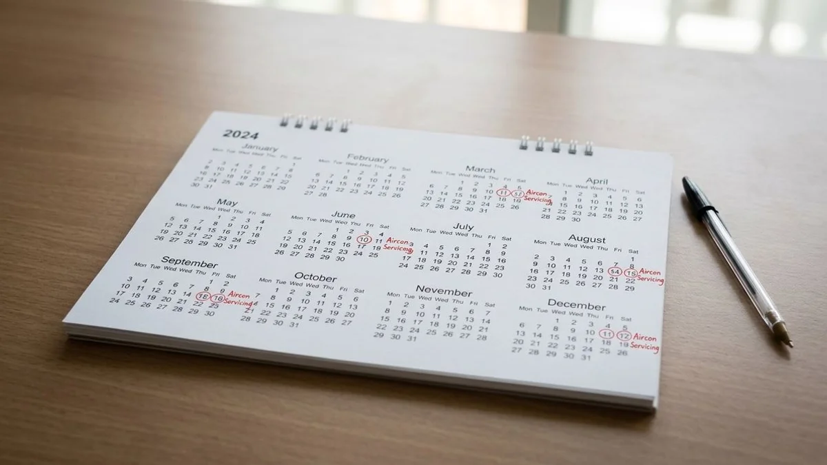 Servicing-frequency calendar visual showing 3-month intervals across one Singapore year