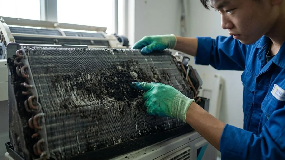 Severe coil mould close-up, before clean, candid technician