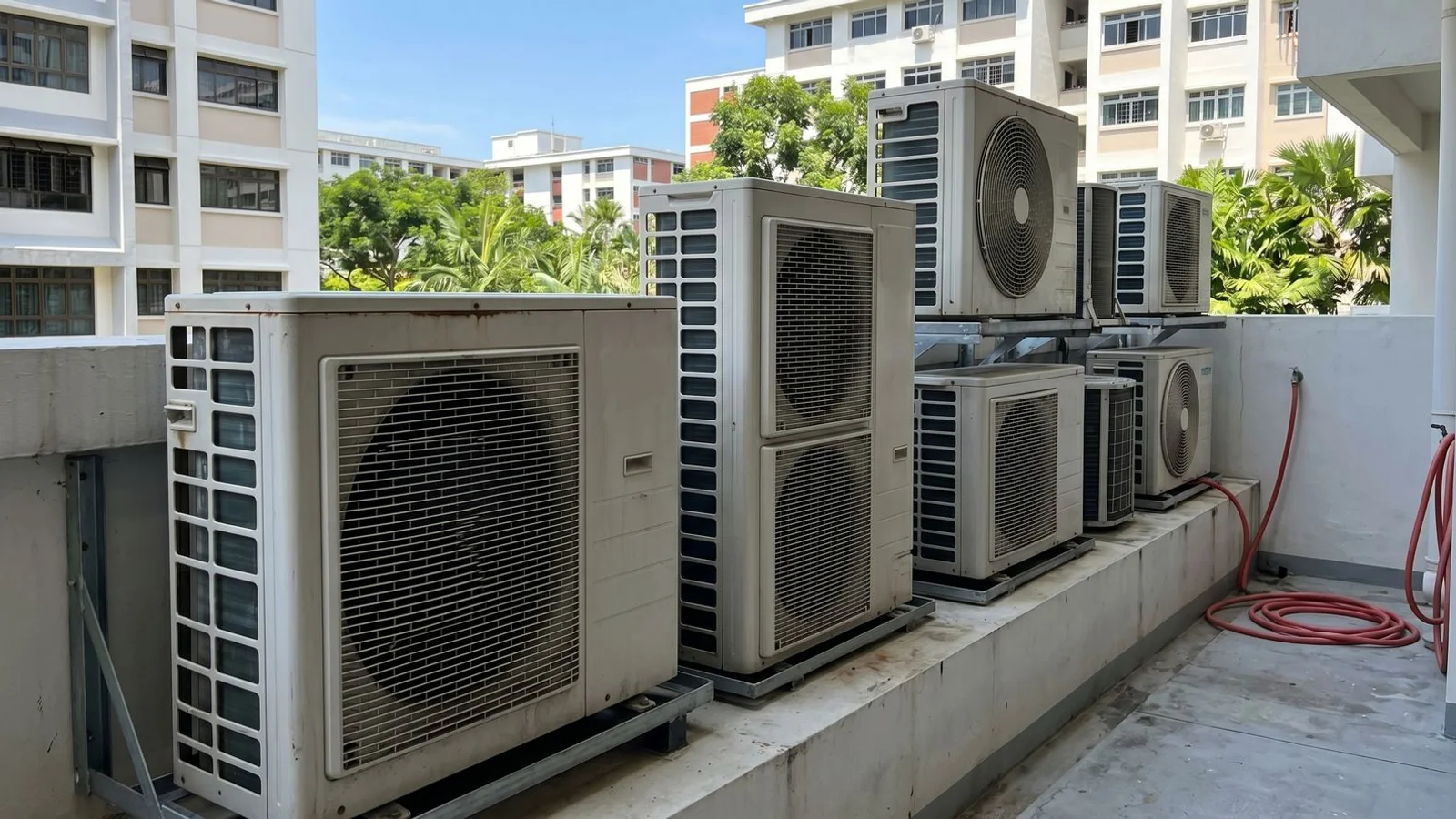 Singapore condo balcony with aligned compressor bay, daylight, real environment