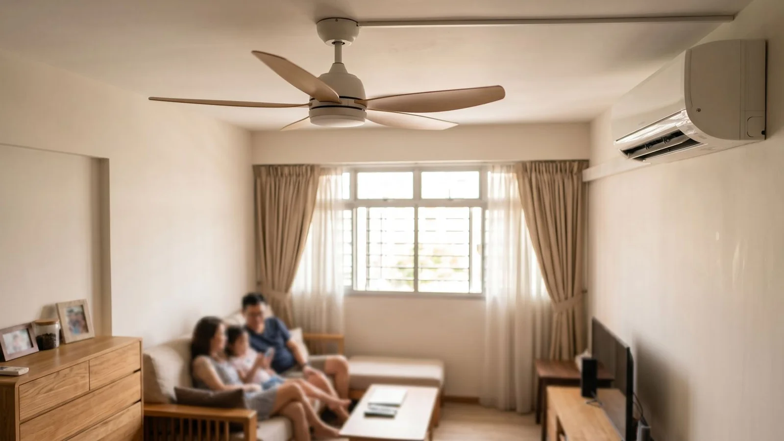 Singapore HDB living room with ceiling fan and aircon both running, natural daylight