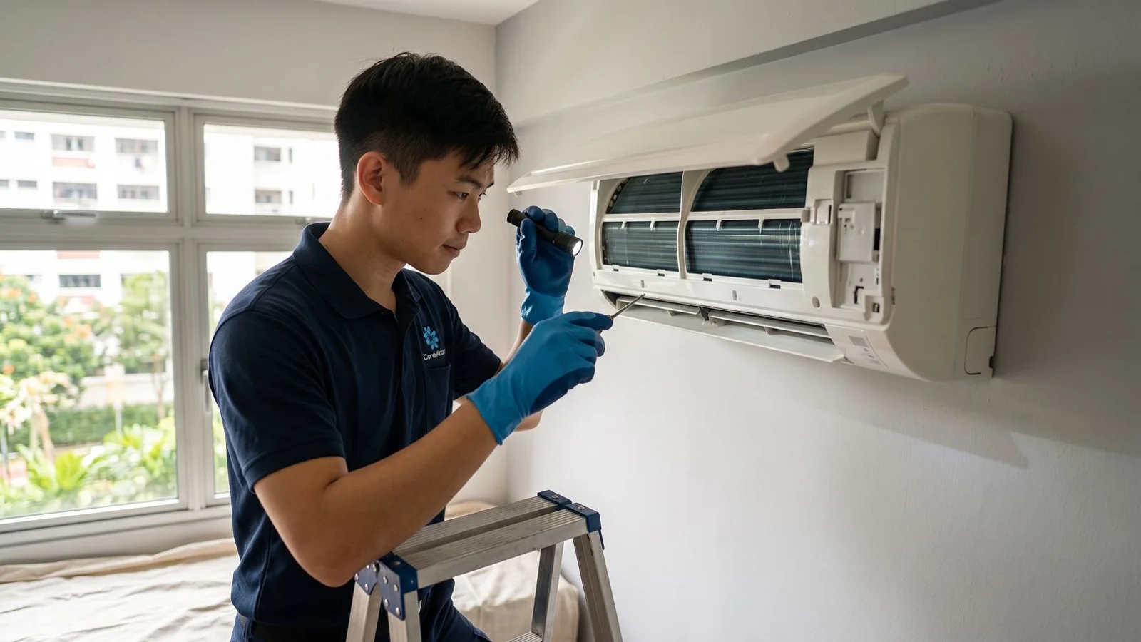 Singapore HDB living room with wall-mounted aircon, technician checking unit calmly, natural daylight