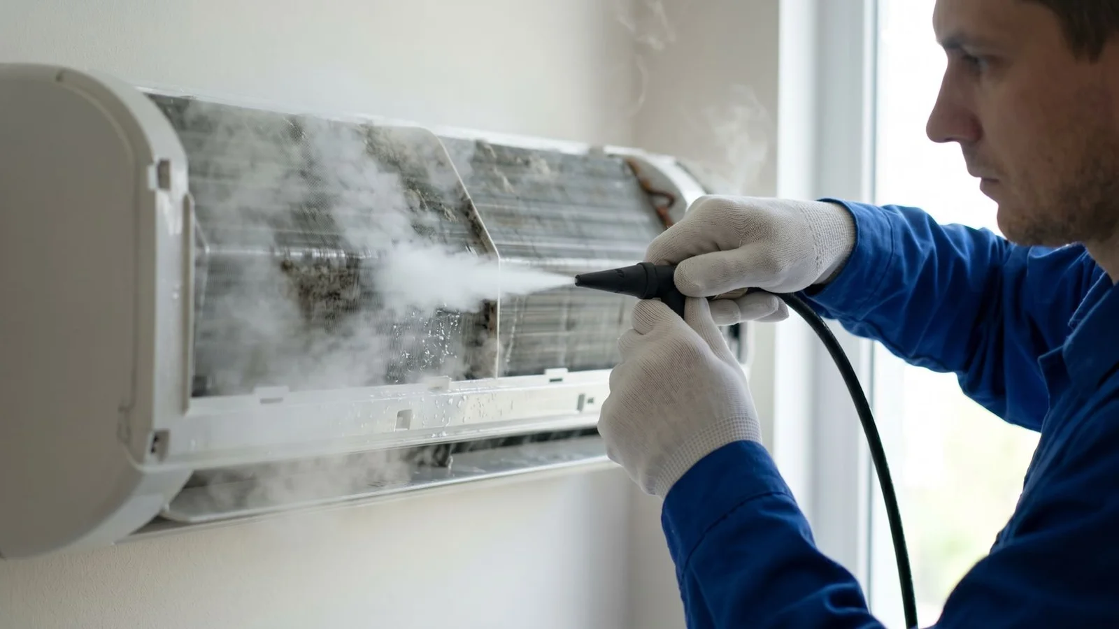 Steam cleaner head emitting white steam over aircon coil, real environment