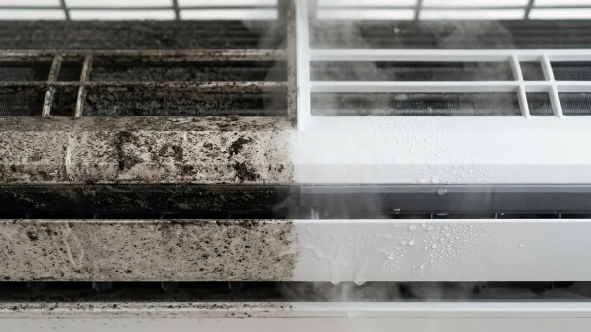 Surface grime before/after steam cleaning close-up, daylight